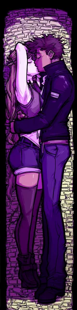 Free dark romance bookmark featuring a purple-themed couple hugging against a wall